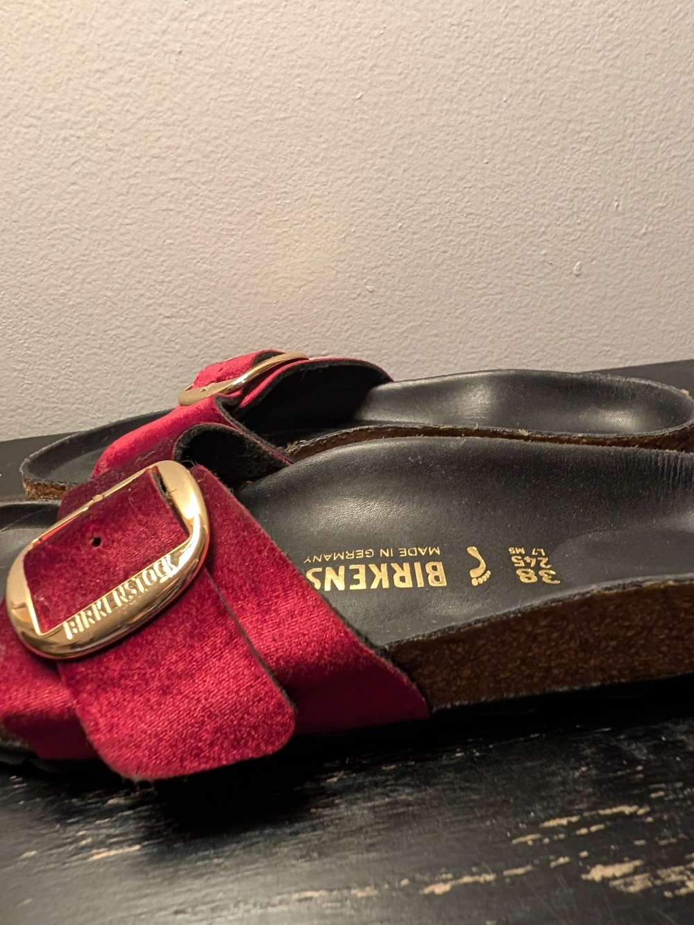 Birkenstock Madrid Velvet Slide Sandals in Deep Red with Gold Buckle - Picture 3 of 6